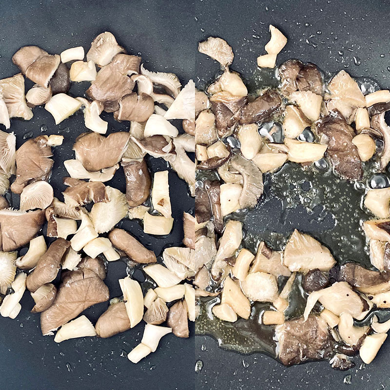 Put the coarsely chopped mushrooms into a preheated pan with olive oil and sauté them over low heat. Add salt and pepper to taste. (about 3 min)