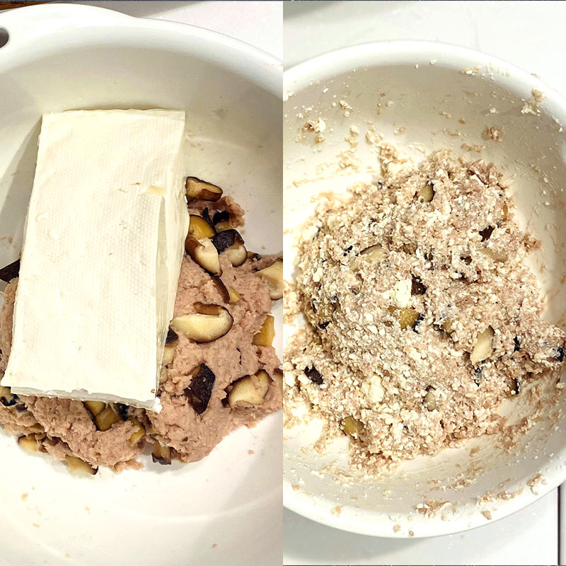 Añade el tofu a la mezcla de “carne” y setas y mezcla. Añade sal y pimienta.
