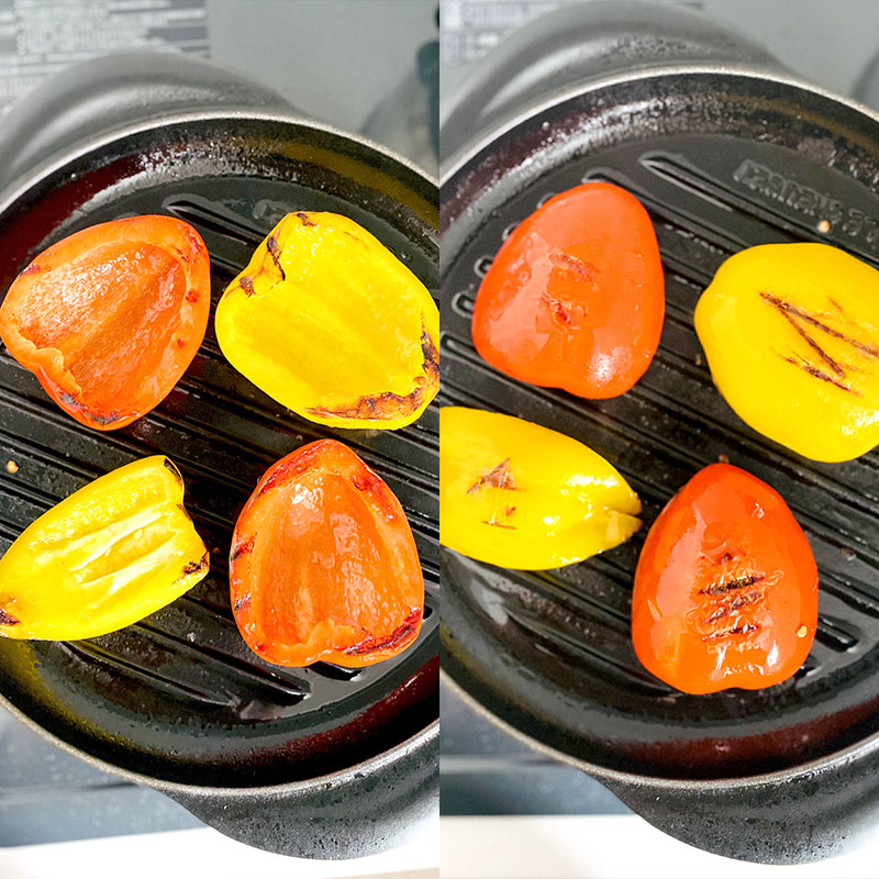 Grill the pepper pieces on both sides for about 20 min, until they get softer.