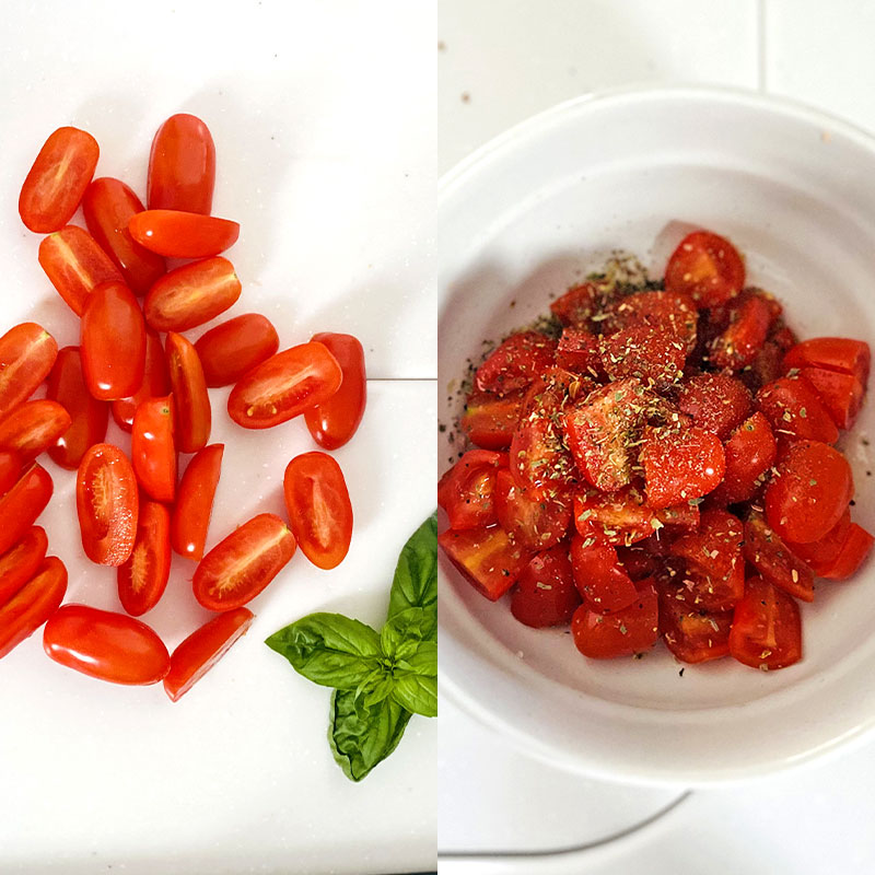 Corta los tomates Cherry por la mitad y mézclalos con aceite de oliva. Sazona a tu gusto con las especias, sal y pimienta. Deja macerar unos 5 minutos.