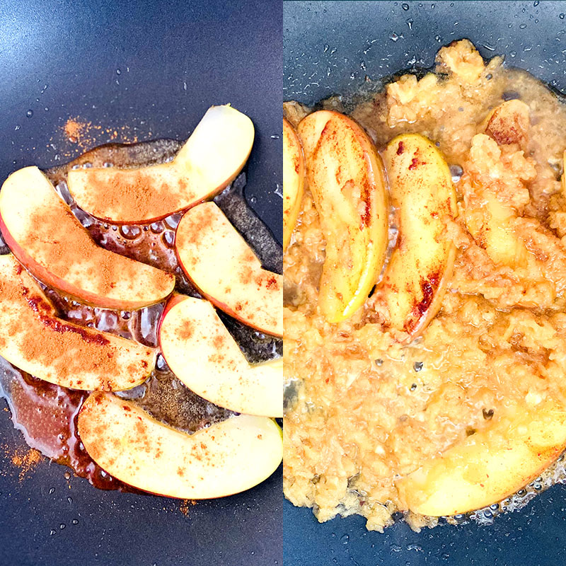Add apple slices into the frying pan, spice with cinnamon, pepper and salt. Fry until softer and then add grated apple and heat up for about 1 min. Serve the SoMeat Chops with warm Cinnamon Apple slices sauce.