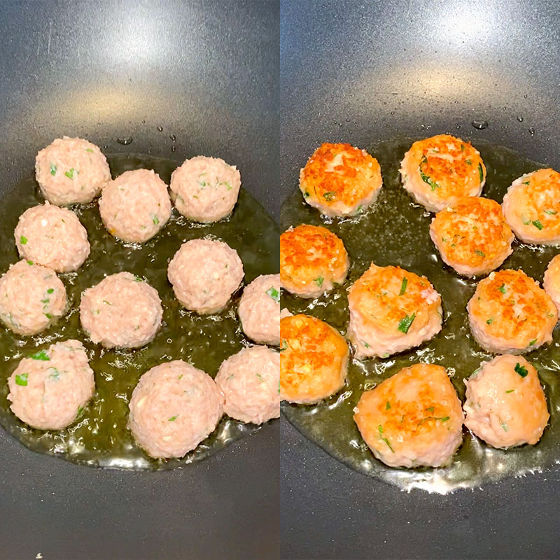 Form bite size SoMeat - Balls - about 11. Fry them over a medium heat until uniformly brown. ( about 5 min)