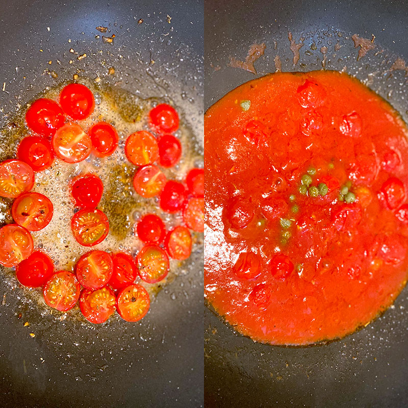 Saltea los tomates Cherry cortados por la mitad durante 1 minuto y luego añade el puré de tomate. Añade las alcabarras y sazona a tu gusto.