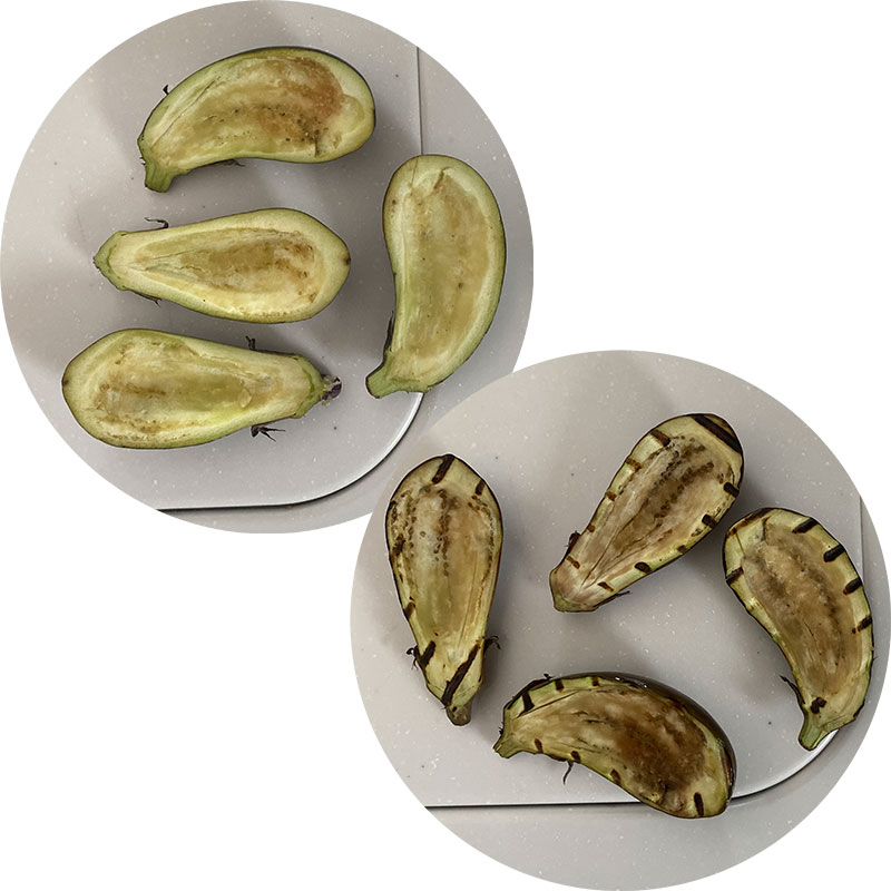 Cut the eggplants in half - lengthwise and scoop out any seeds inside. Sprinkle with salt. Then grill for about 10 min.